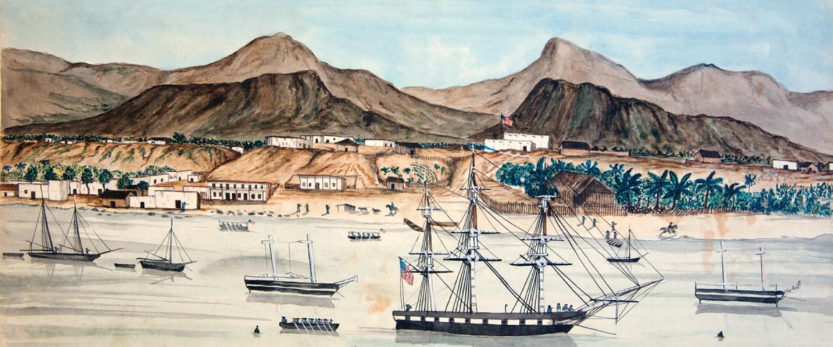 The USS Dale lying at La Paz during the Mexican-American War. The Dale was one of many ships resupplied by the store ship USS Southampton during that conflict. As executive officer on board the Southampton, Lieutenant John Worden learned many lessons about logistics and navigation.