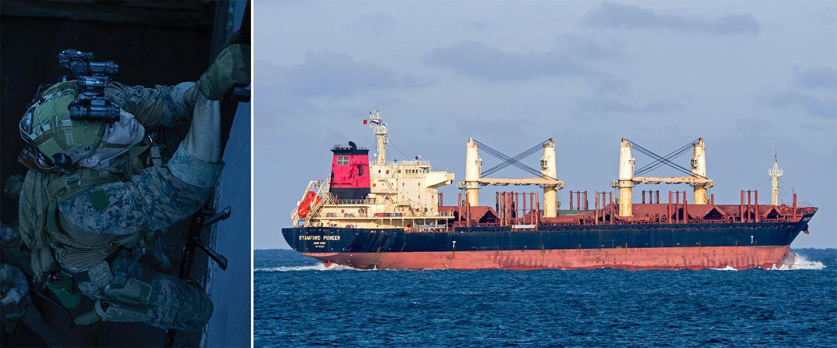 The bulk carrier Stamford Pioneer, sailing under a Hong King, China, flag. In a War of 2026–like scenario, seizing merchant shipping may be a way for the United States to increase its sealift capacity without building more ships.