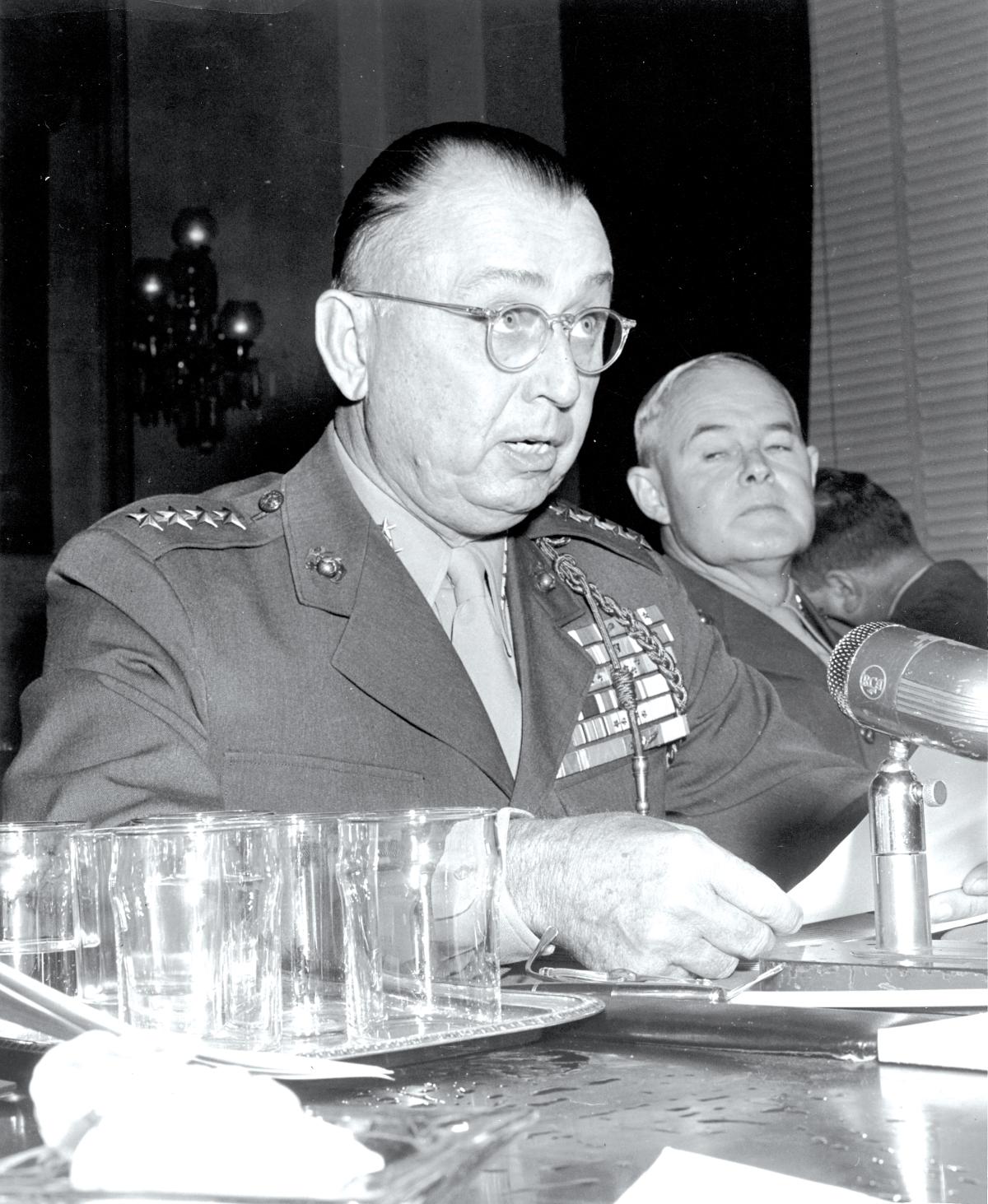 General Clifton B. Cates and MajGen William P. T. Hill, USMC, testifying before Congress in 1949