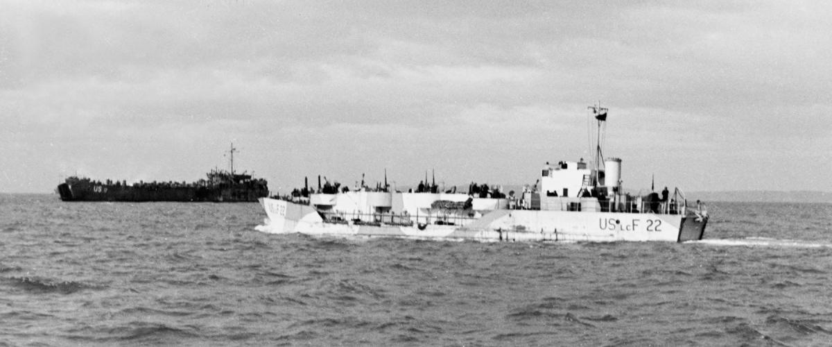 NAVAL HISTORY AND HERITAGE COMMAND  During rehearsals for the 1944 invasion of Europe, LCF-22, A British warship manned by a U.S. crew, stands offshore during a practice landing in England. (Note the USS LST-17 in the background.)