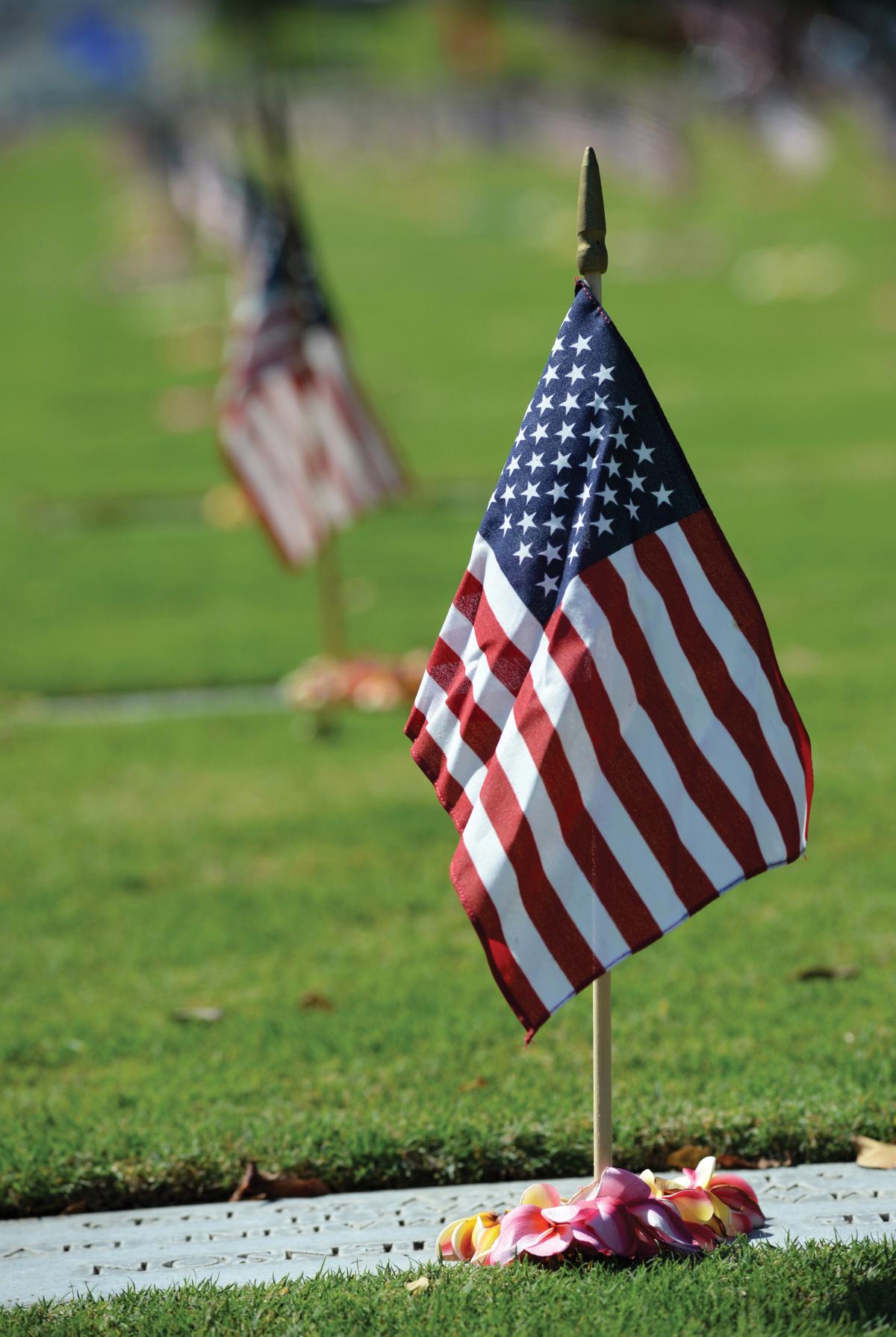 Small American flag on a grave.