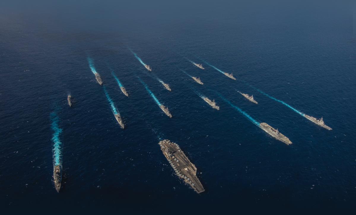 Aerial overhead view of ships from the U.S. Navy and Japan Maritime Self-Defense Force (JMSDF) in formation