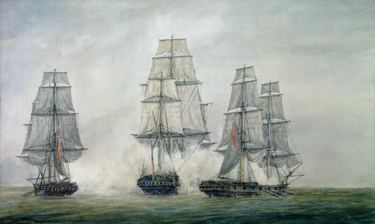 Watercolor drawing of the Frigate Alliance bracketed by fire on her stern quarters from the sweep-fitted sloops-of-war HMS Trepassey and Atalanta on 29 May 1781