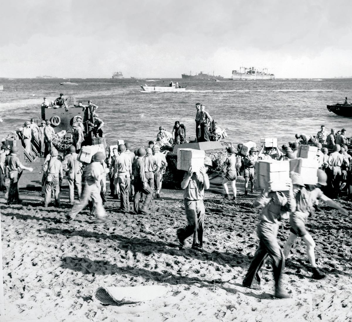 U.S. Marines unload supplies at Guadalcanal