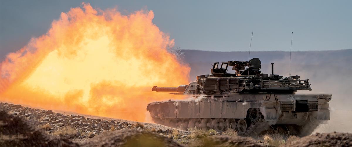 An M1A2 Abrams from the Army’s 11th Armored Cavalry Regiment engages a target. To integrate armor in its amphibious training operations, the Marine Corps must rely on the Army, but the Army is decades out of practice and has no units designated as “amphibious” to test tactics and equipment.