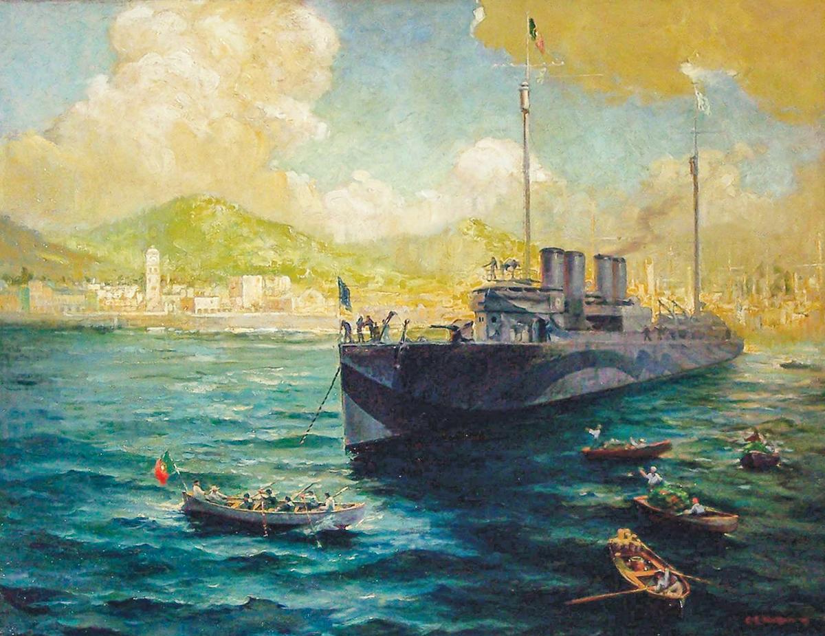 Depiction of Ponta Delgada Harbor commissioned by Franklin D. Roosevelt and painted by Charles Edwin Ruttan.