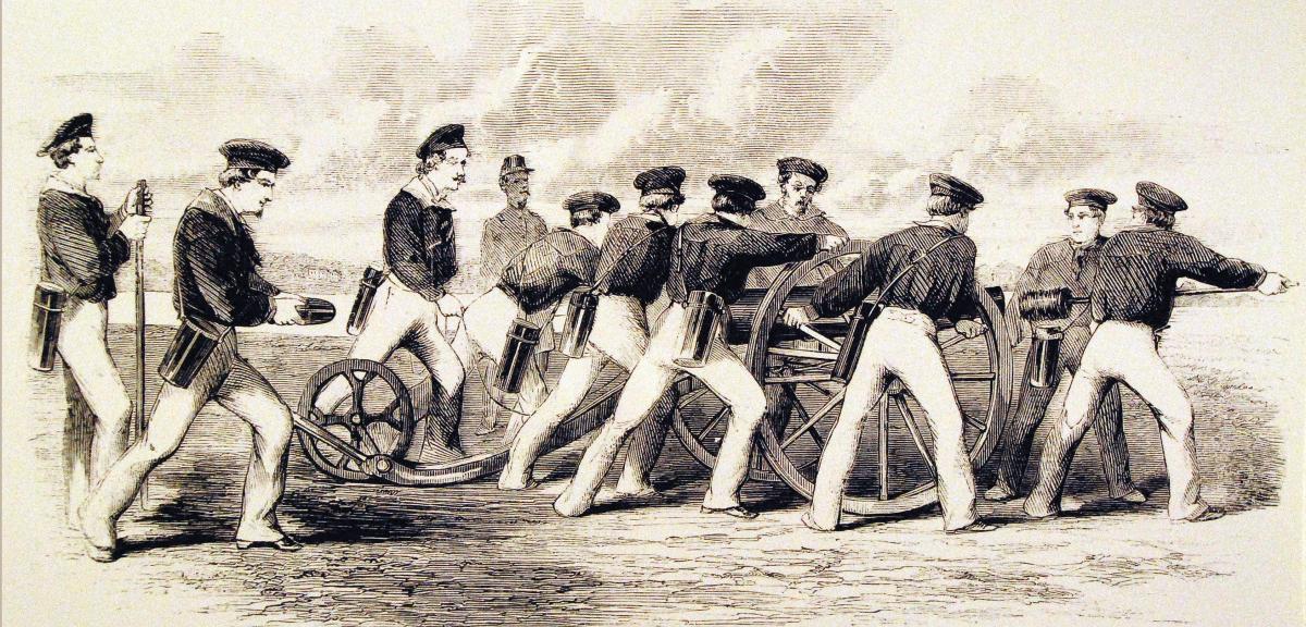 Engraving of a naval gun crew preparing to fire its Dahlgren boat howitzer.