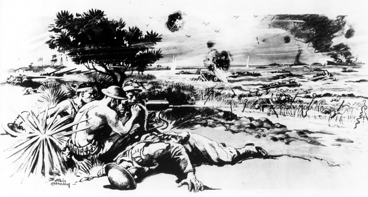 Marines on Wake Island fire a .30-caliber Browning machine gun on 23 December 1941—the final day of fighting—in this illustration by artist Albin Henning.