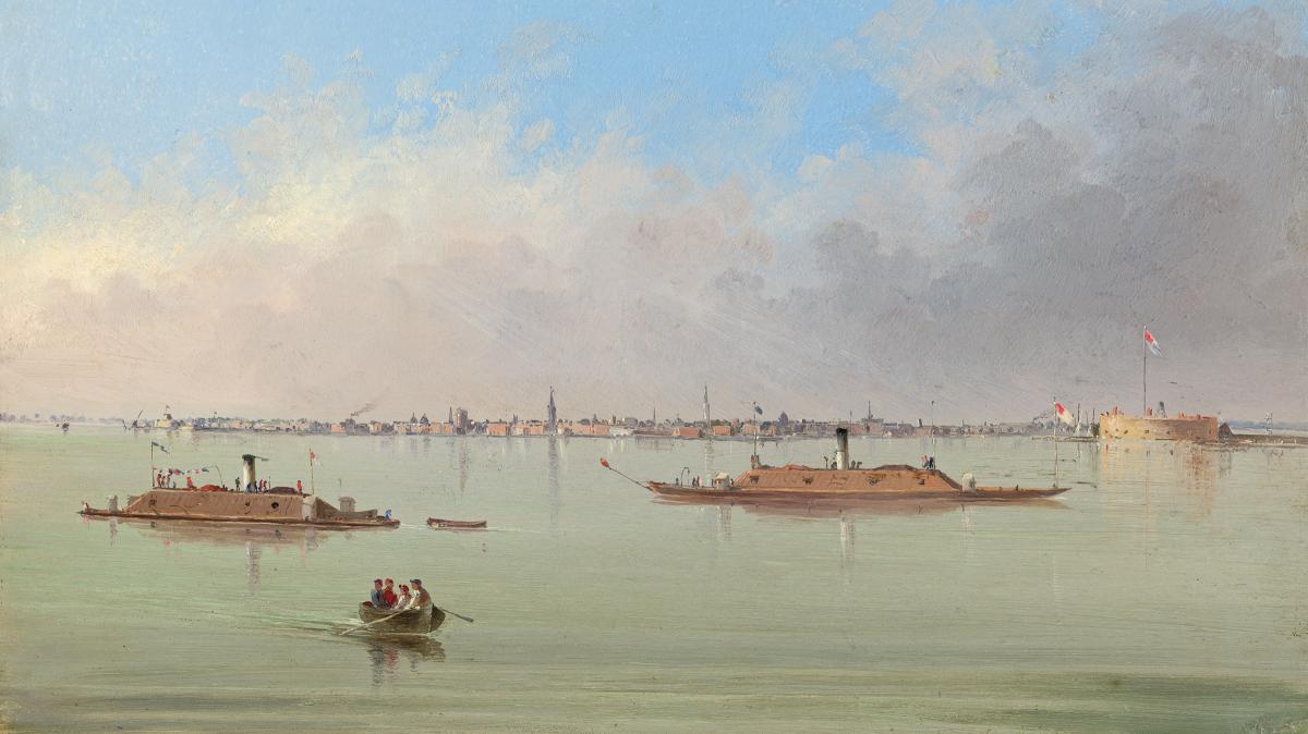 While Confederate ironclads only briefly breached the blockade of Charleston, South Carolina, the vessels helped prevent the Union Navy’s capture of “the seat of the rebellion.” Charleston Bay and City shows a pair of the local naval squadron’s ironclad gunboats on patrol. 