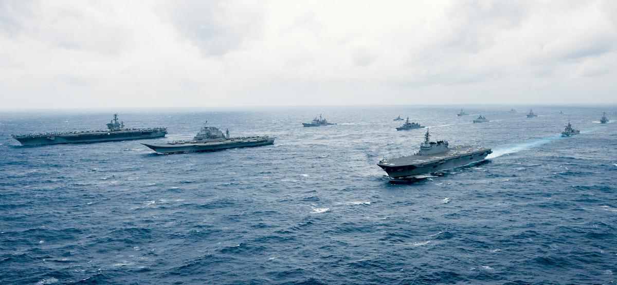 Ships sail in formation at Exercise Malabar.