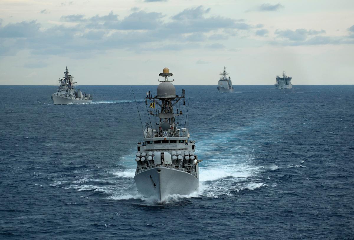 The Indian Navy guided- missile corvette Kulish leads ships of the U.S.  and Indian navies during exercise Malabar. The Indian-led exercise is not an official “Quad” event. 