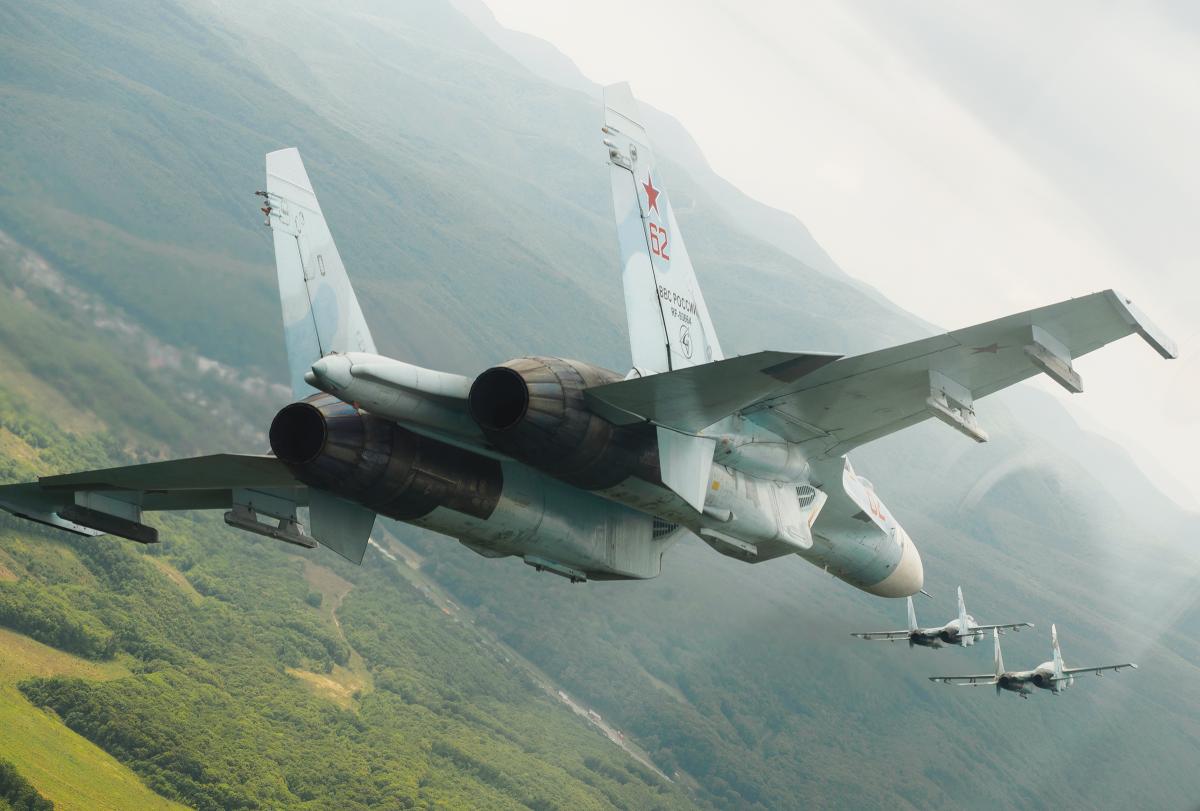 Russian multirole Su-27 fighters in flight