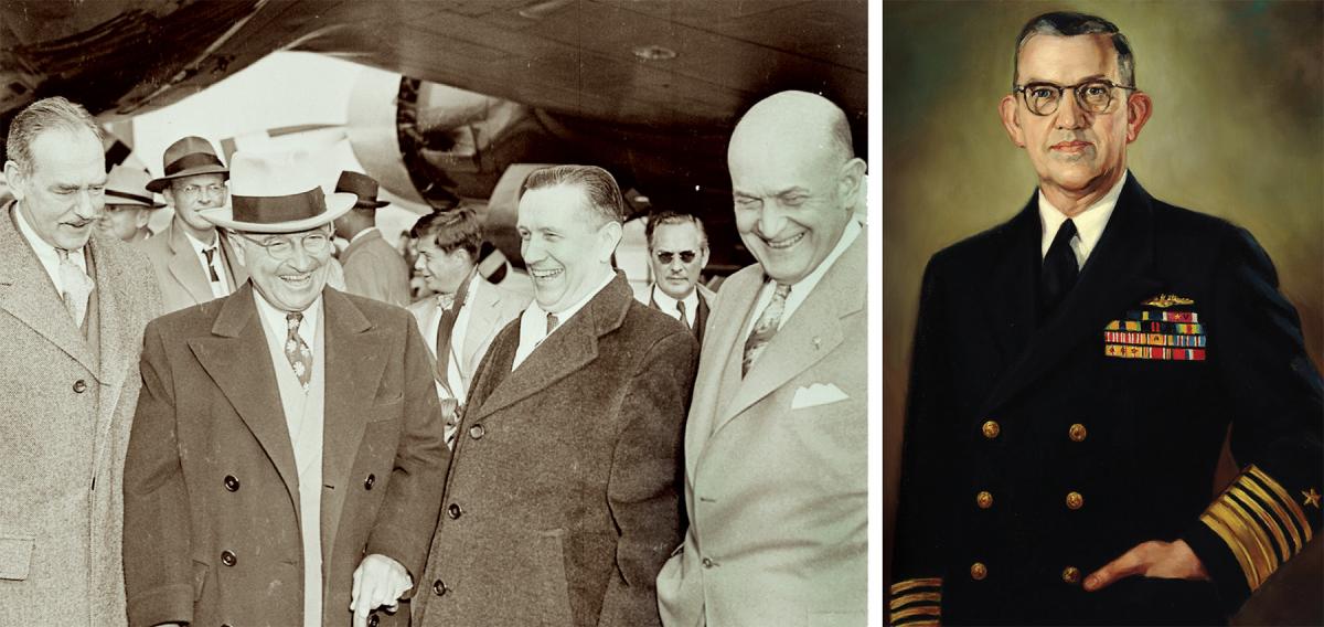 The “Revolt of the Admirals” was a 1949 attempt by Navy officers to remove President Harry Truman’s Secretary of Defense, Louis Johnson (far right, shown here, left to right, with Secretary of State Dean Acheson, President Truman, and an unnamed man), whom they viewed as a political hack.