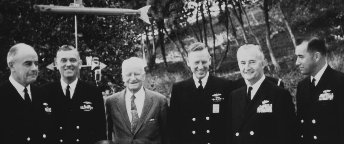 The “no collision” incident was typical of World War II submariners, such as those gathered here in 1964: (from left to right) Rear Admiral John A. Tyree Jr., Vice Admiral Vernon L. Lowrance, Fleet Admiral Chester W. Nimitz, Rear Admiral Eugene B. Fluckey, Rear Admiral I. J. “Pete” Galantin, and Rear Admiral Eugene P. Wilkinson.