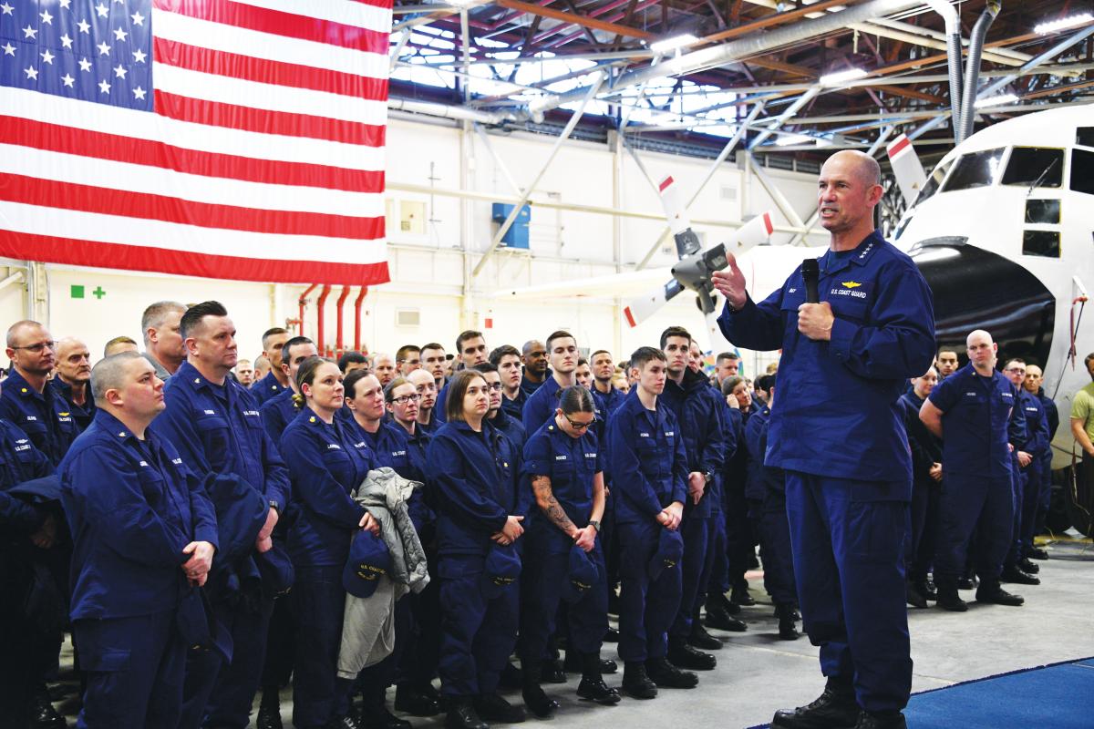 Vice Commandant of the Coast Guard Admiral Charlie Ray at an all-hands event in Kodiak, Alaska