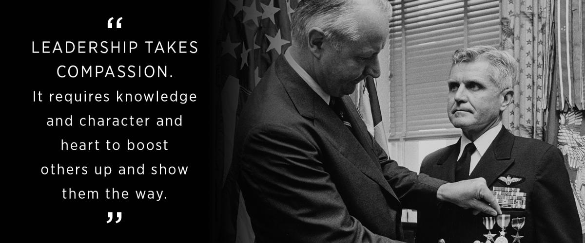 Secretary of the Navy J. William Middendorf II presented the Navy Distinguished Service Medal to Rear Admiral James B. Stockdale, USN, on 9 July 1975. Stockdale’s lessons on leadership remain essential today. 