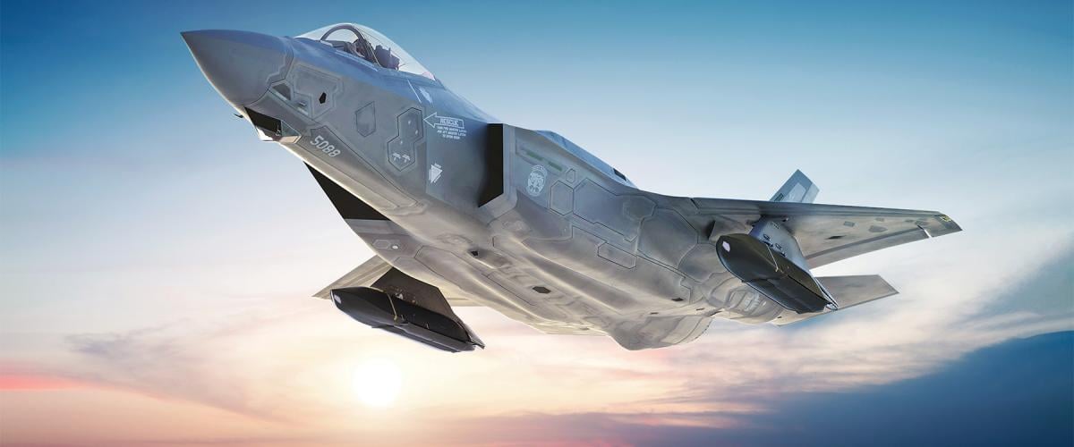 Two Long-Range Antisurface Missiles (LRASMs), shown here loaded on an F-35, are the types of weapons the U.S. military needs to “replicate” at scale and pace. 