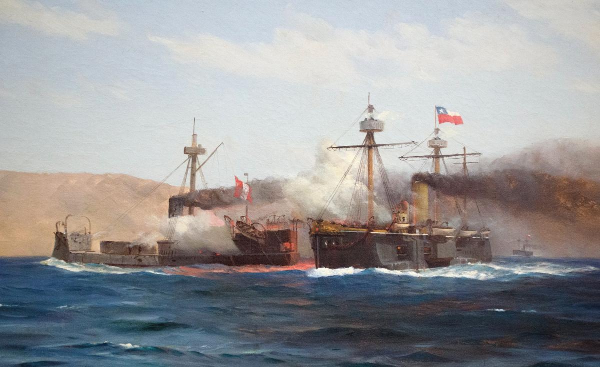 8 October 1879: Smoke fills the air in the engagement between the Peruvian turret ship Huáscar (left) and the Chilean central battery ship Almirante Cochrane—the culmination of the naval side of the War of the Pacific. The battle resulted in the Chilean Navy’s capture of the Huáscar, which lives on as a museum ship.