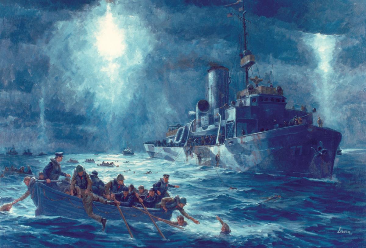 Coast Guardsmen from the cutter Escanaba come to the rescue of the torpedoed transport Dorchester’s survivors on 3 February 1943, as depicted by Robert Lavin