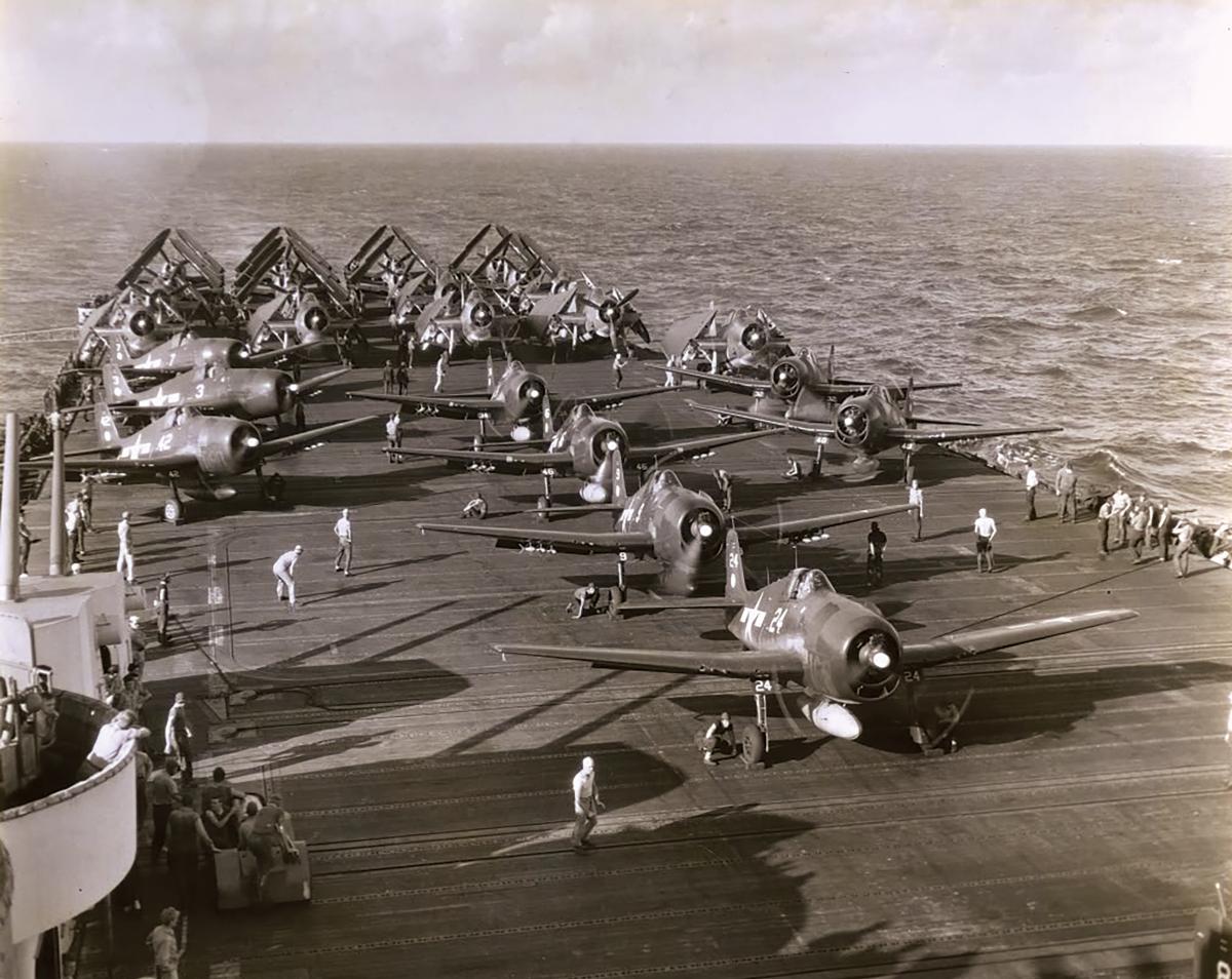 Carrier Air Group (CVG) 11 planes are arrayed on the flight deck of the USS Hornet (CV-12)