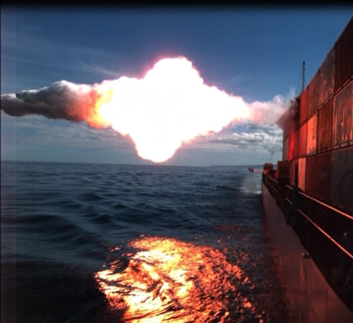 A Tomahawk cruise missile hits a moving maritime target