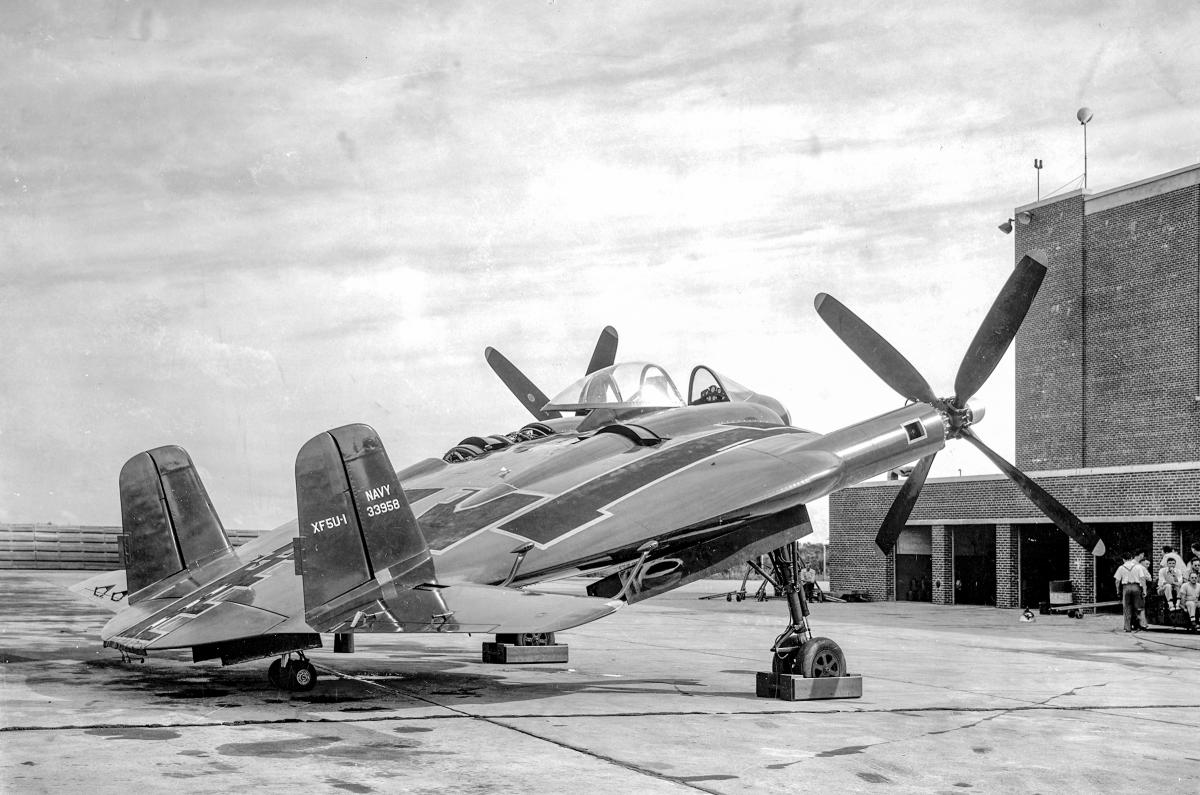 Ground-to-ground right side rear view of a XF5U-1 prototype aircraft