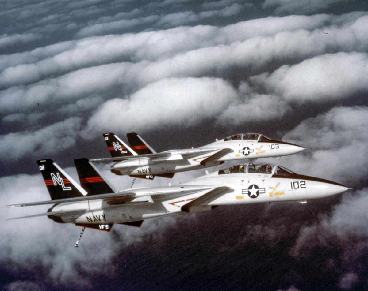 Aerial side view of two U.S. Navy F-14A Tomcat fighter aircraft of VF-51 flying in formation.