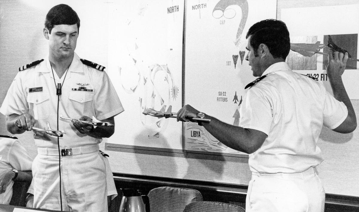 CDR Henry Kleemann (right) and LT David Venlet during a press conference about the Gulf of Sidra Incident 