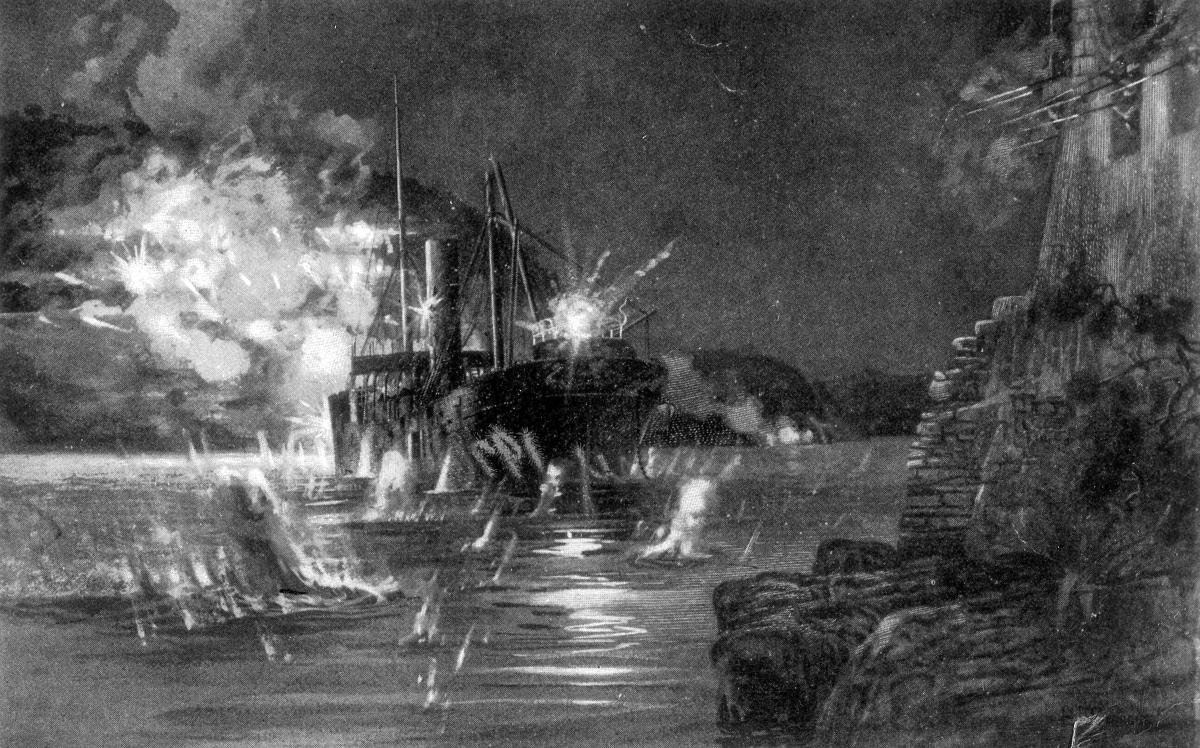 An artist's depiction of the collier "Merrimac" under fire off Estrella Point in the harbor of Santiago de Cuba.