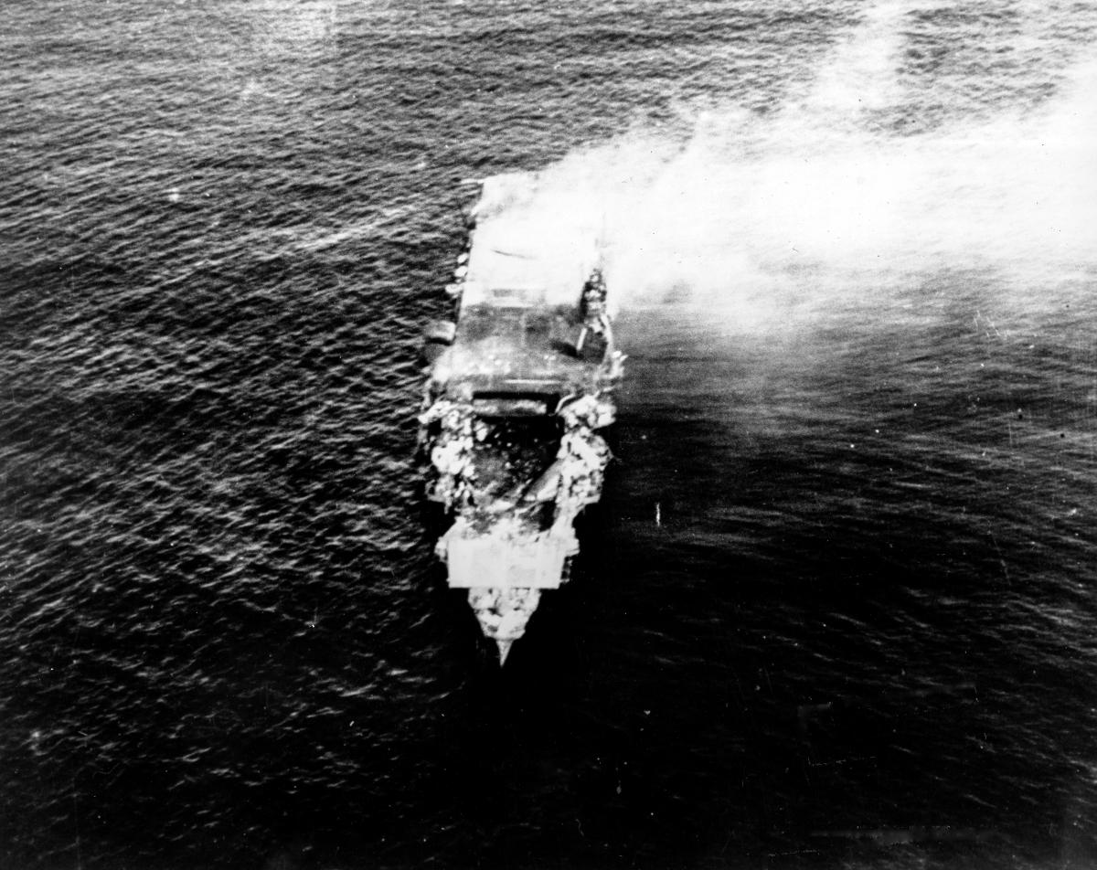 Japanese aircraft carrier Hiryu burning on 5 June 1942, during the Battle of Midway.