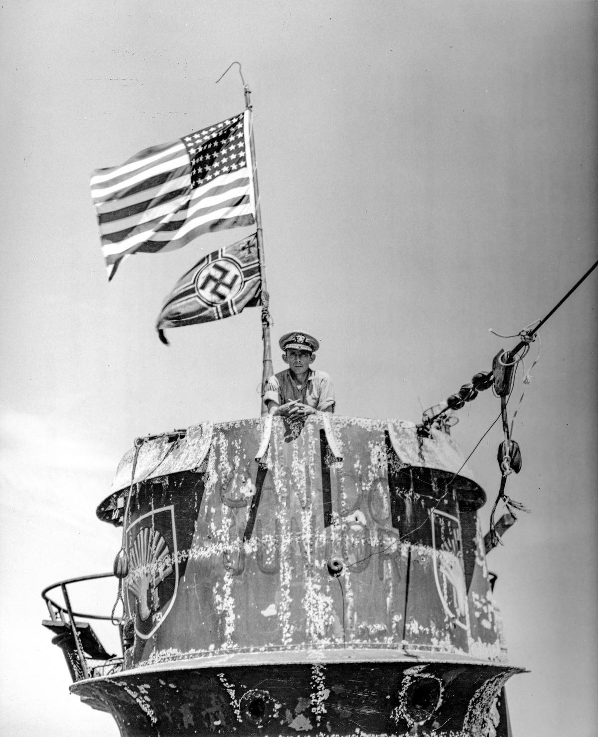 Rear Admiral Daniel Gallery, U.S. Navy on the bridge of the German U-Boat U-505