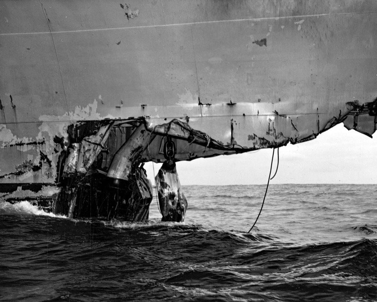 Damaged bow of Wasp starboard side after Collision of USS Wast (CV-18) and USS Hobson (DMS-26)