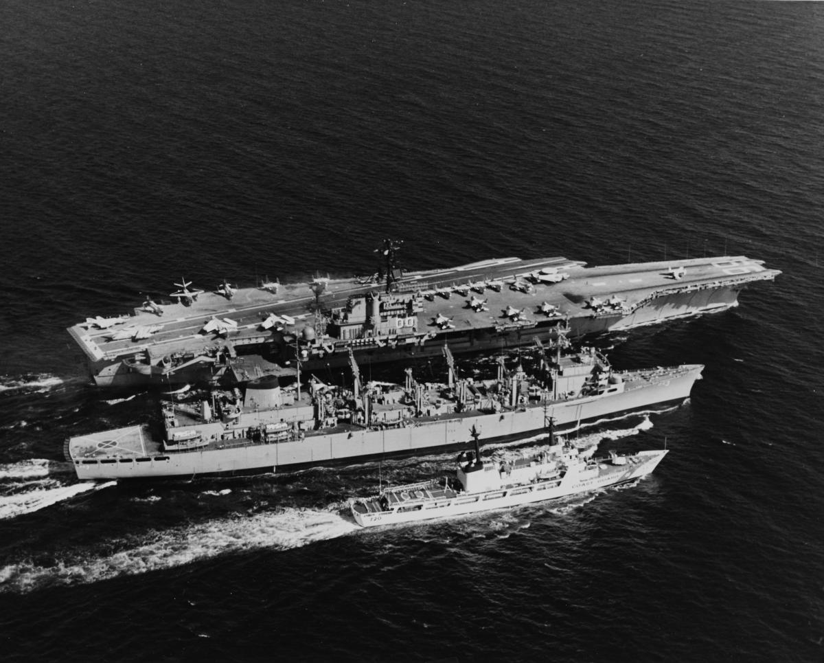 The fast combat support ship USS Seattle refuels the attack aircraft.