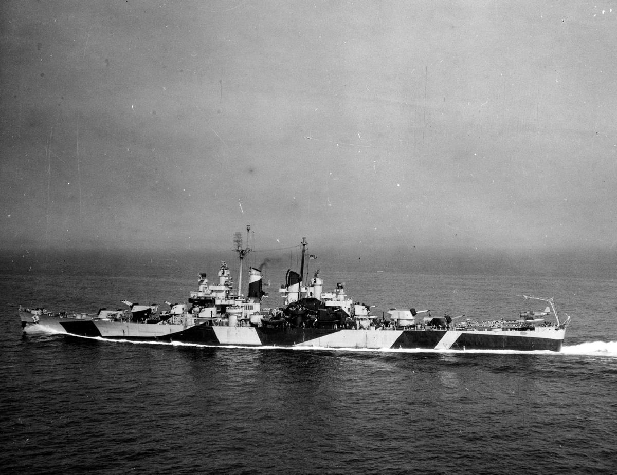 Broadside view of the USS Wilkes Barre (CL-103) underway