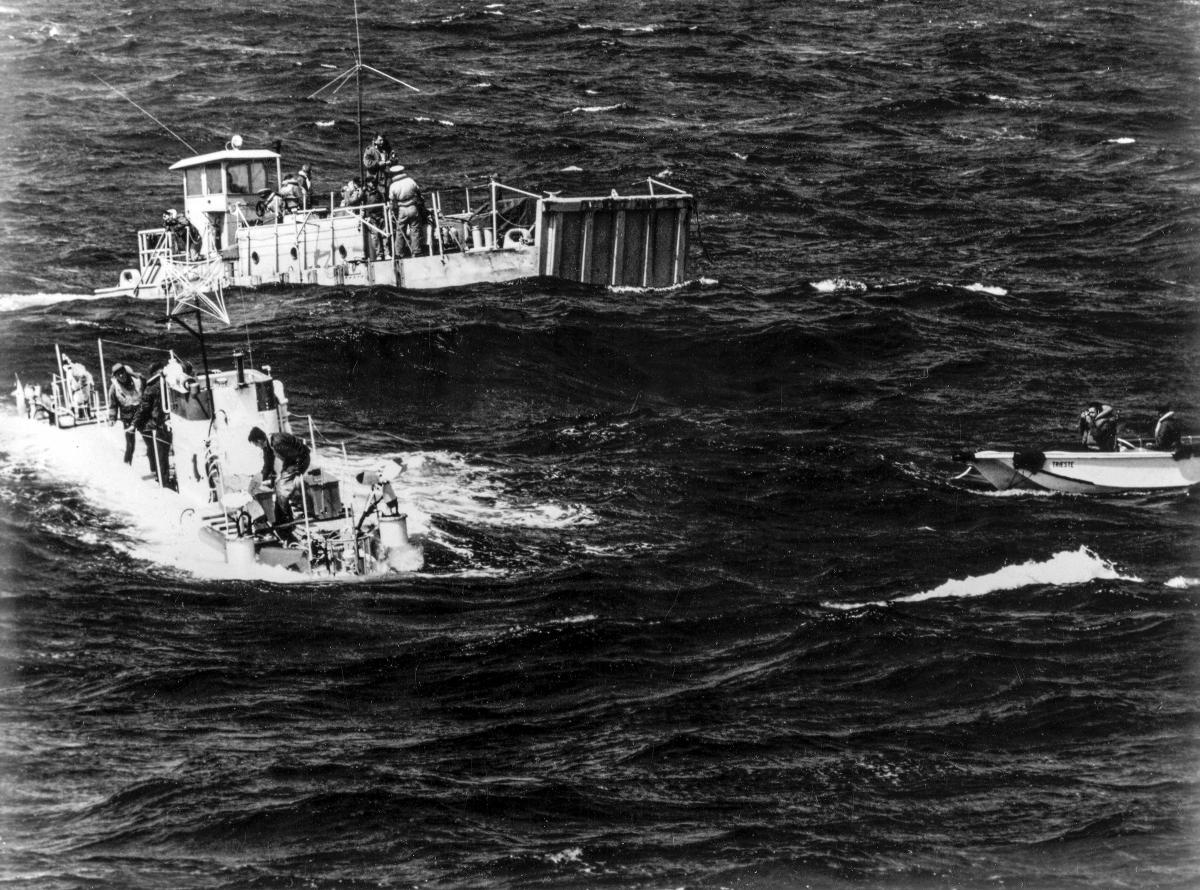 The Trieste I (DSV-0) conducts a search for the USS Thresher (SSN-593) off Cape Cod, Massachusetts  in June 1963.