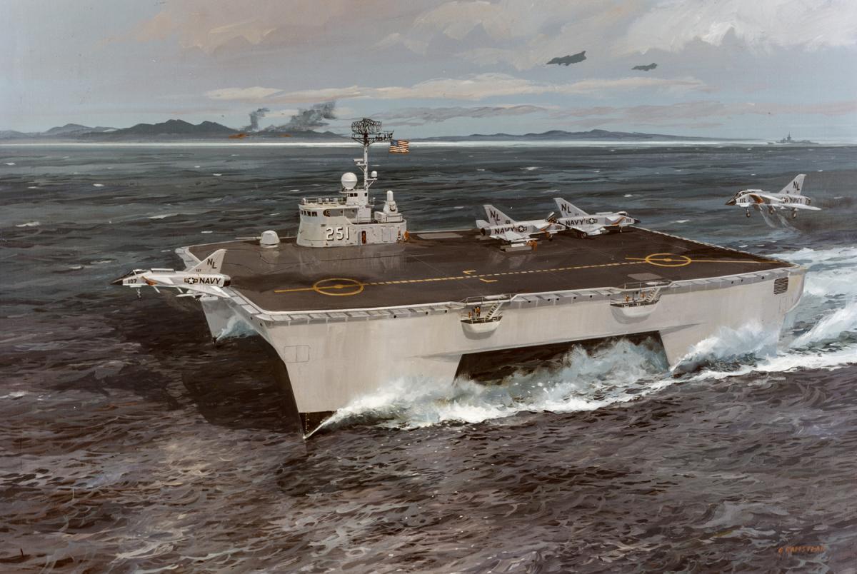 Artists' concept of a 300-ton SWATH type STOVL aircraft carrier