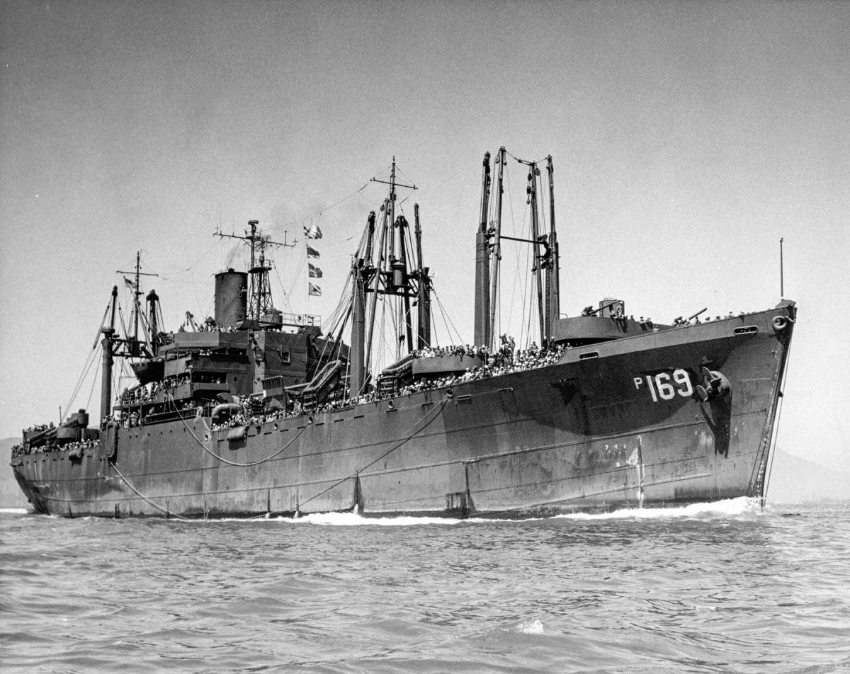 Starboard bow view of the USS Golden City (AP-169), probably entering San Francisco Bay ca. 1946