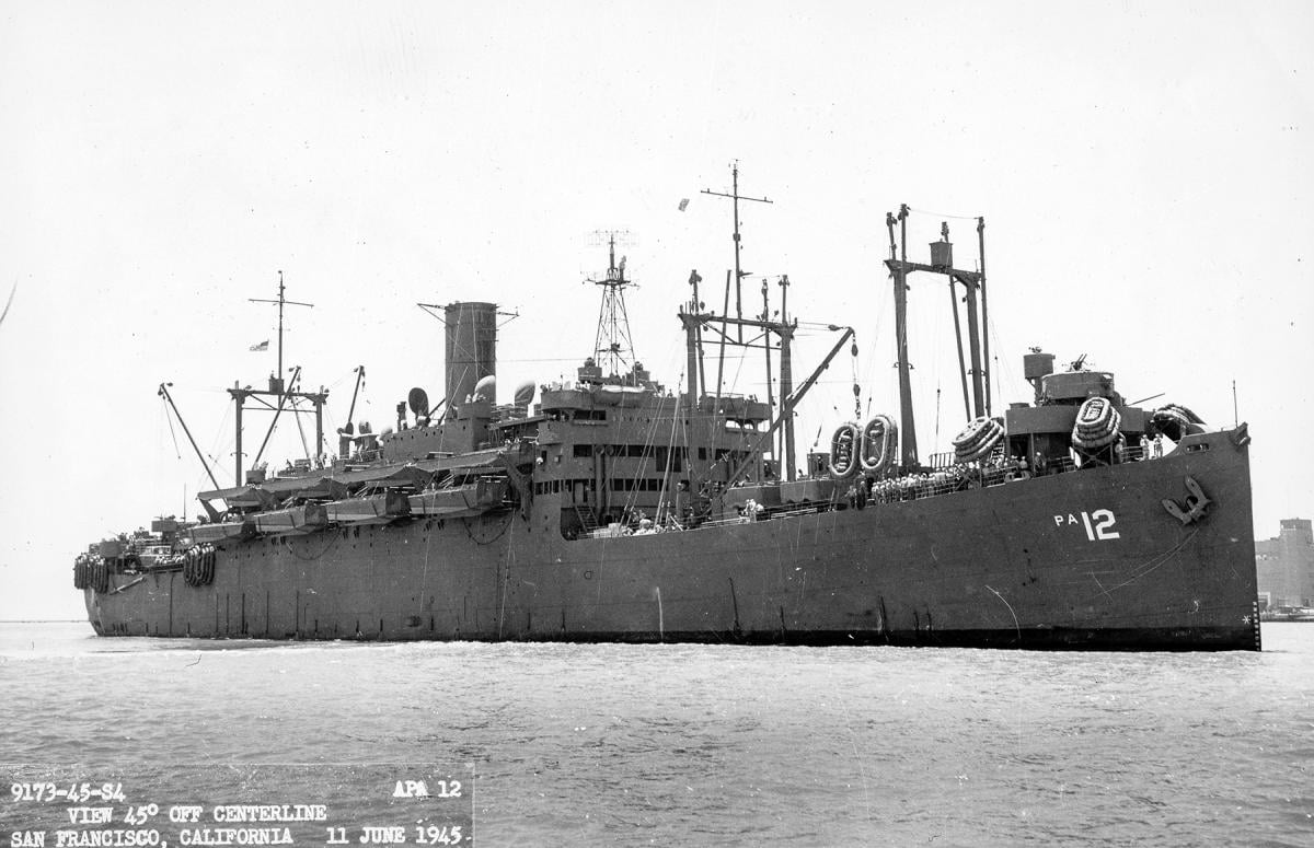 Starboard bow view 45 degrees off centerline of the USS Leonard Wood (APA-12), 11 June 1945, San Francisco, California.