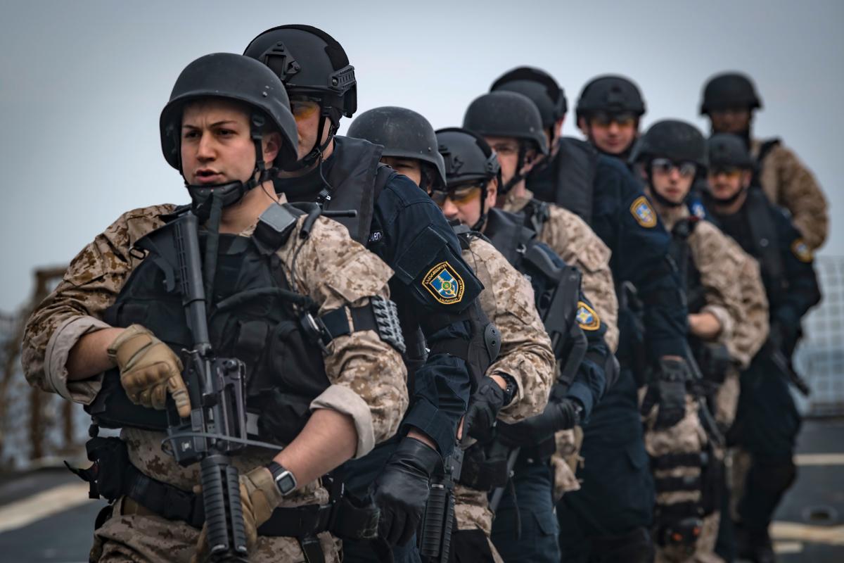 U.S. sailors and Georgian coast guardsmen conduct an integrated visit, board, and search-and-seizure exercise on board the Arleigh Burke-class guided-missile destroyer USS Donald Cook (DDG-75) in the Black Sea in late January 2019