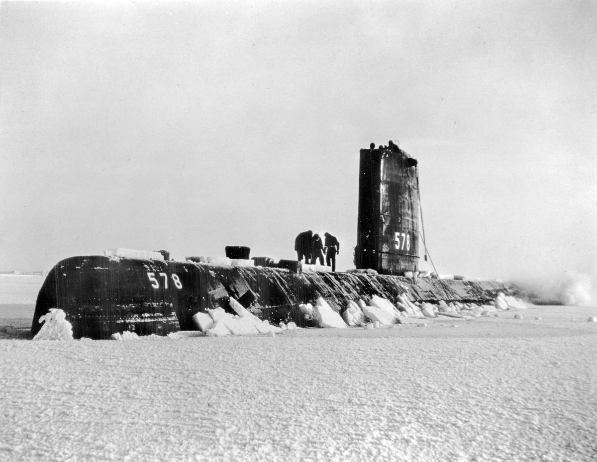 USS Skate (SSN-578) surfaced at the North Pole on 17 March 1959.  