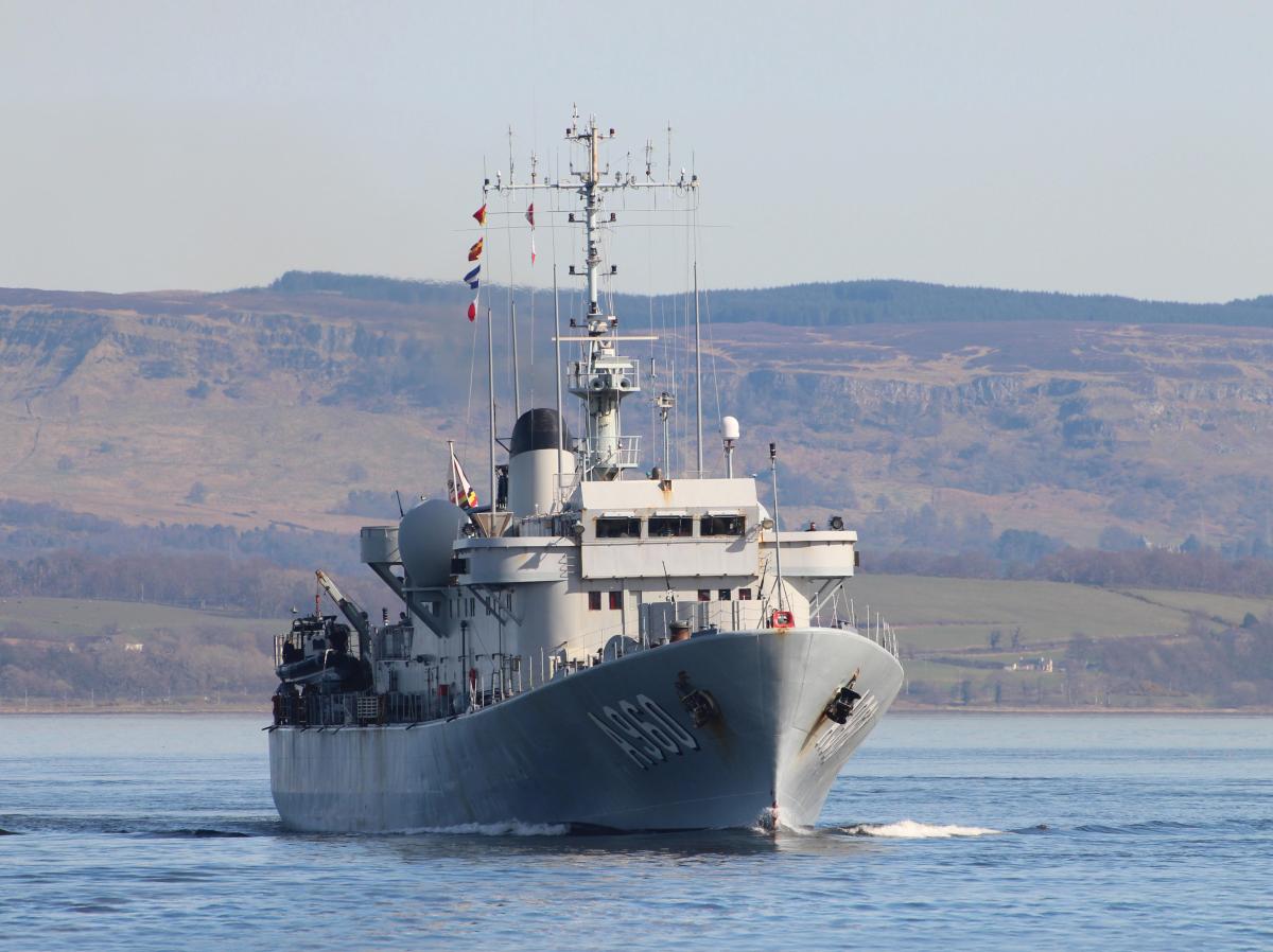 BNS Godetia (A960), a command and logistical support vessel of the Belgian Navy, passing Greenock at the start of Exercise Joint Warrior 17-1