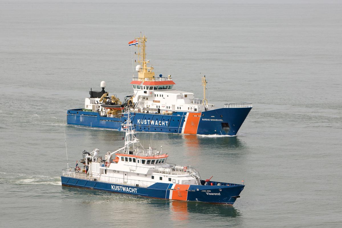 Aerial view of Netherlands Kustwacht ships off the coast of IJmuiden.