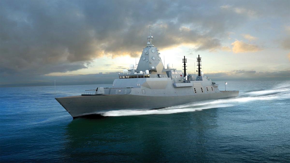 Artist's concept of the BAE Type 26 frigate underway.