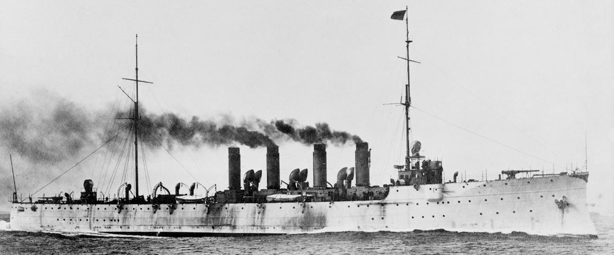 Starboard bow view of USS Chester (CL-1) underway at sea.