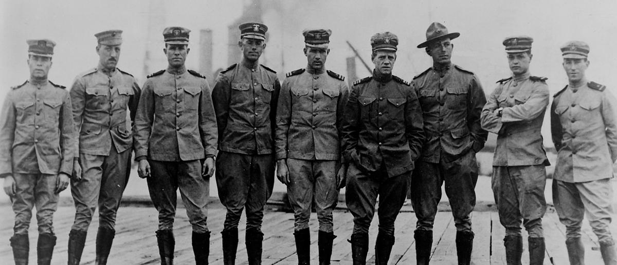 A group portrait of commissioned officers of the Aviation Corps U.S.N. taken at Naval Aeronautic Station Pensacola, Fla. on March 1914.