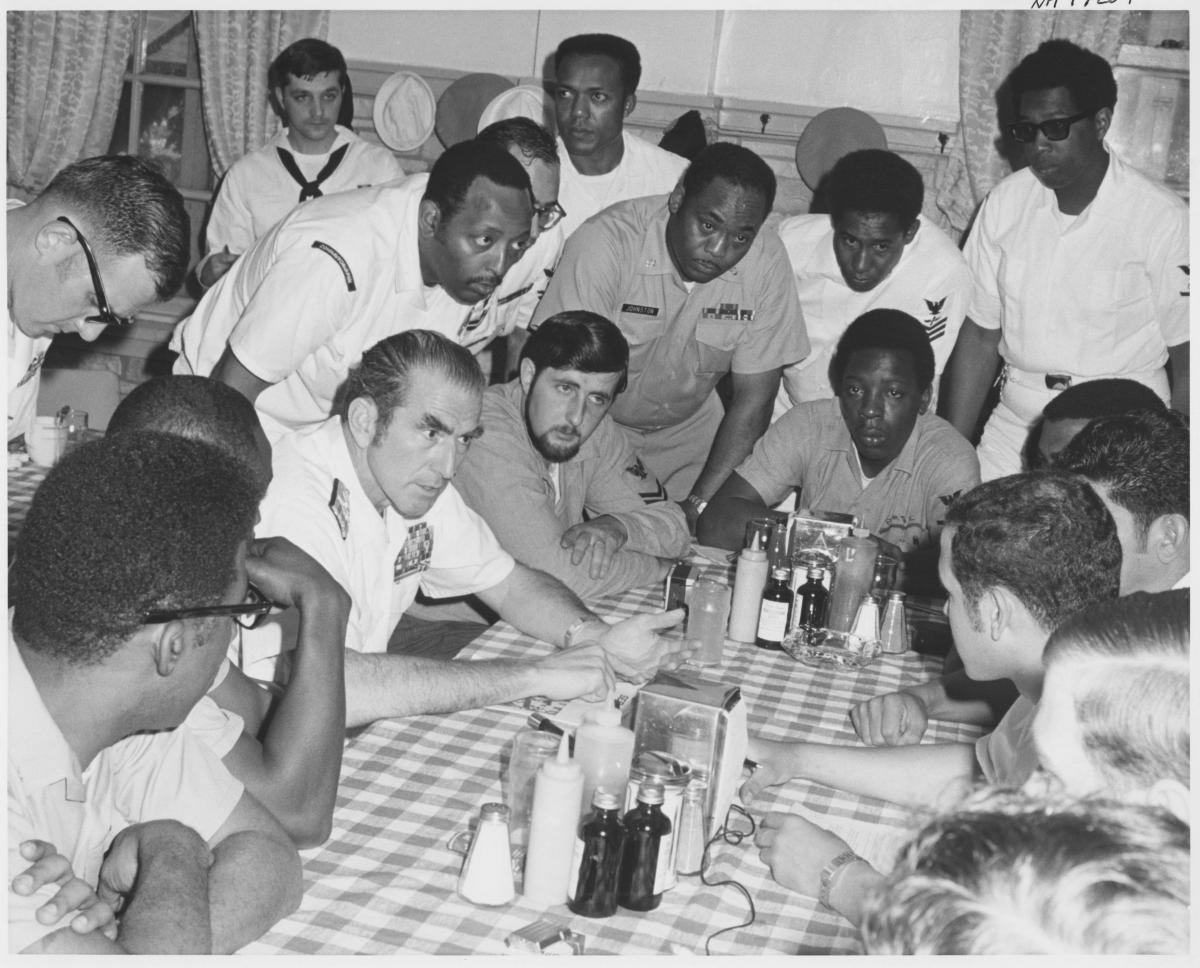 Then-Chief of Naval Operations Admiral Elmo Zumwalt speaks with the Human Relations Council at Fleet Activities Yokosuka in July 1971, six months after releasing his Z-Gram on implementation of equal opportunity in the Navy. 
