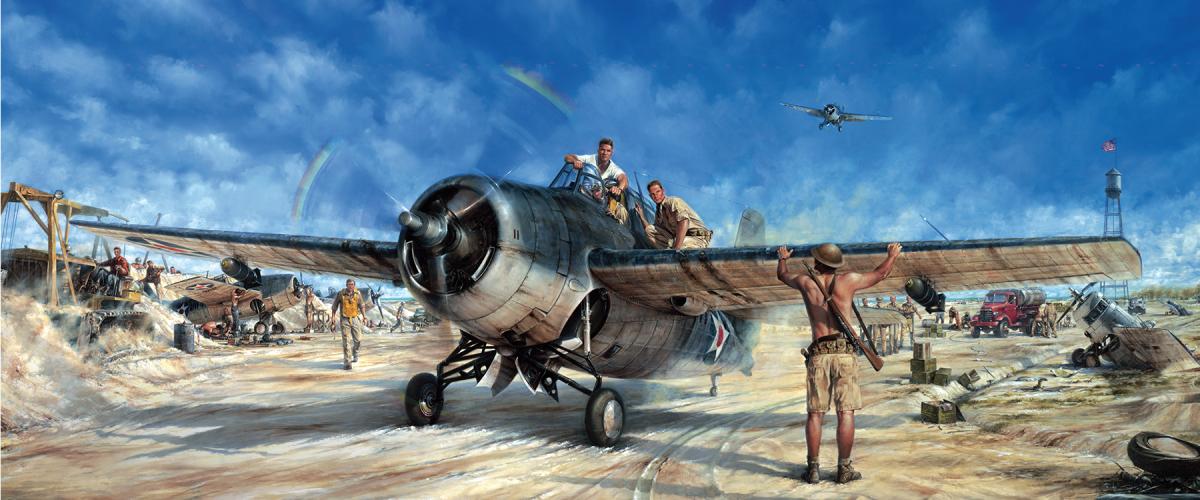 After the initial Japanese attack on Wake Island, one of just four remaining F4F Wildcats of Marine Fighting Squadron 211 prepares for battle in John Shaw’s “The Magnificent Fight: The Battle for Wake Island.” The battle highlights the need to account for attrition among aviation support units when establishing FARPs in the weapons engagement zone. 