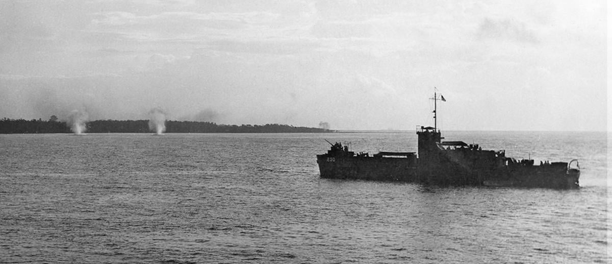 The USS LCI(R)-230 getting into position to launch rockets at Palawan Island, Philippines, February 1945.