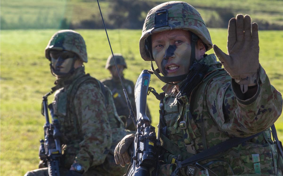 Soldiers from the 1st Amphibious Rapid Deployment Brigade, Japan Ground Self-Defense Force, work with U.S. Marines during Exercise Iron Fist at Marine Corps Base Camp Pendleton, California, in early 2019.