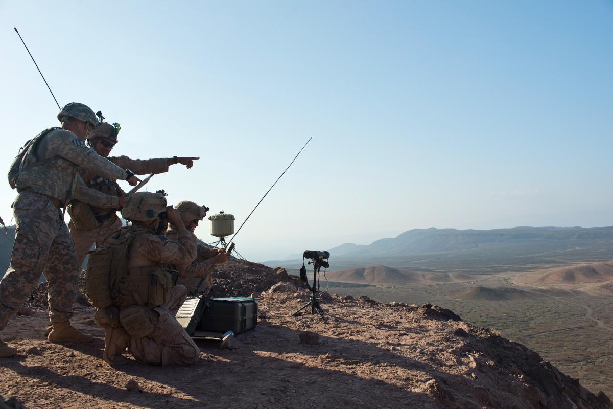 : U.S. Marines and Army soldiers watch 120mm mortar rounds hit the target during a joint training exercise at a range near Camp Lemonnier, Djibouti.